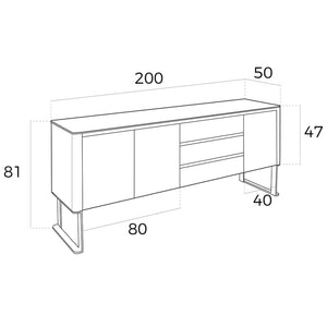 Sideboard in walnut, chromed steel and black glass top
