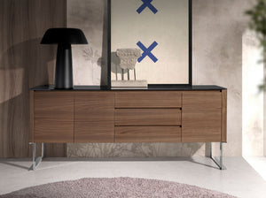 Sideboard in walnut, chromed steel and black glass top