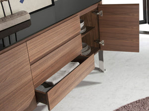 Sideboard in walnut, chromed steel and black glass top