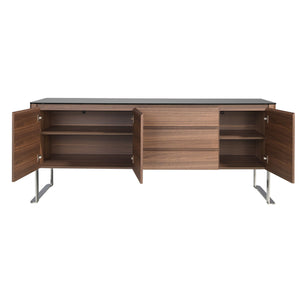 Sideboard in walnut, chromed steel and black glass top