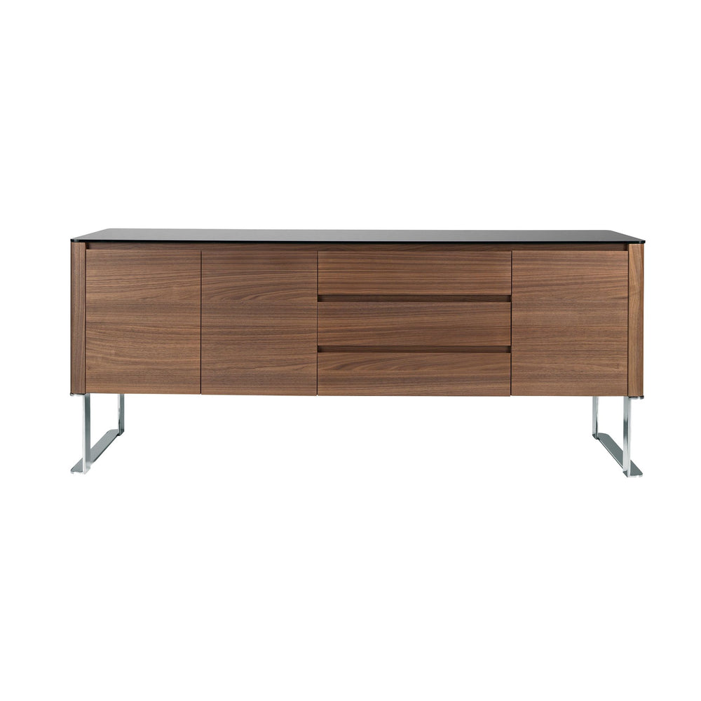 Sideboard in walnut, chromed steel and black glass top