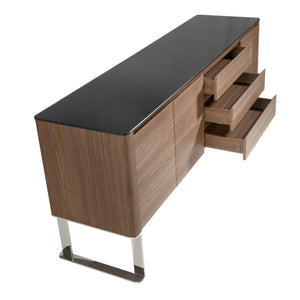 Sideboard in walnut, chromed steel and black glass top