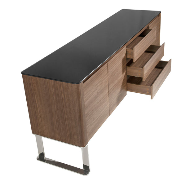 Sideboard in walnut, chromed steel and black glass top