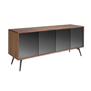 Sideboard in black glass with mirror effect, walnut and black steel