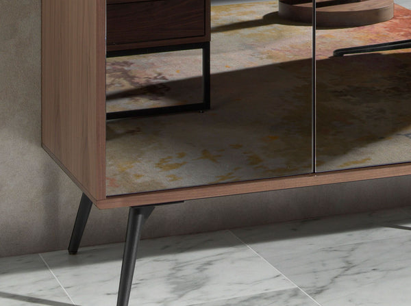 Sideboard in black glass with mirror effect, walnut and black steel