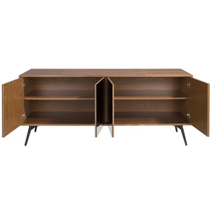 Sideboard in black glass with mirror effect, walnut and black steel
