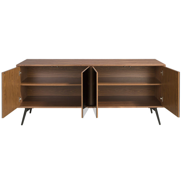 Sideboard in black glass with mirror effect, walnut and black steel