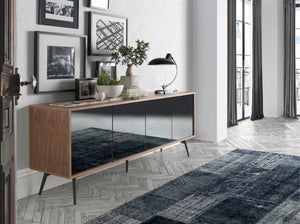 Sideboard in black glass with mirror effect, walnut and black steel