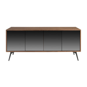Sideboard in black glass with mirror effect, walnut and black steel