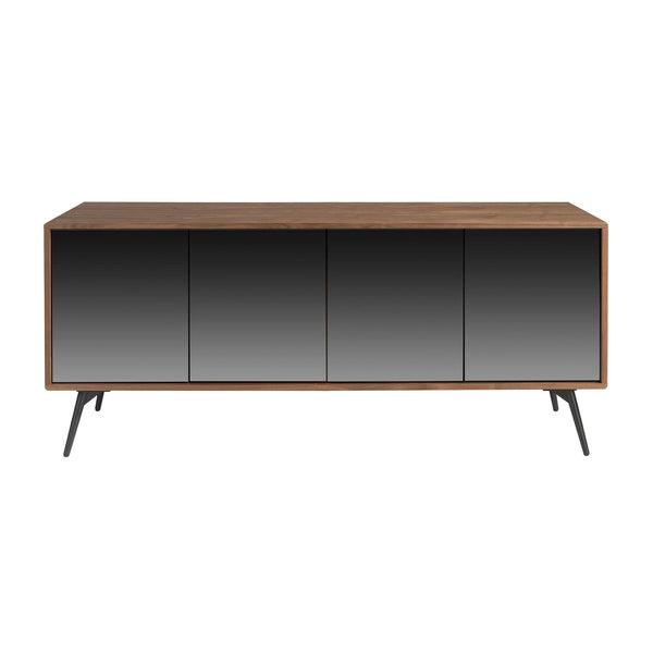 Sideboard in black glass with mirror effect, walnut and black steel