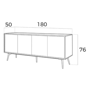 Sideboard in black glass with mirror effect, walnut and black steel