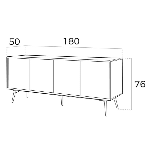 Sideboard in black glass with mirror effect, walnut and black steel