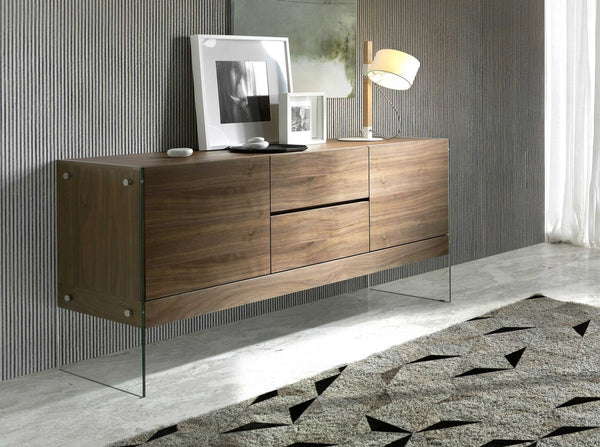 Sideboard in walnut and tempered glass