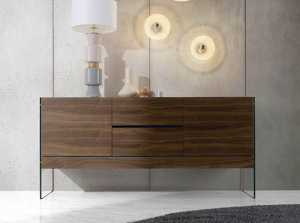 Sideboard in walnut and tempered glass