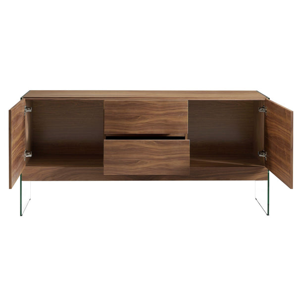 Sideboard in walnut and tempered glass