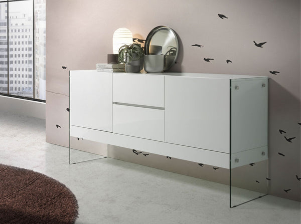 Sideboard in white wood and tempered glass