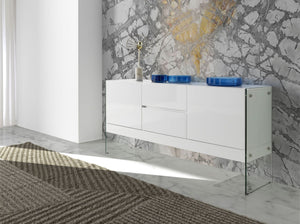 Sideboard in white wood and tempered glass