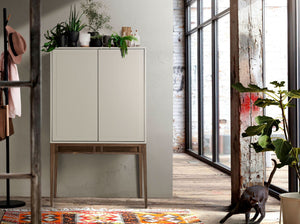Tall beige and walnut sideboard