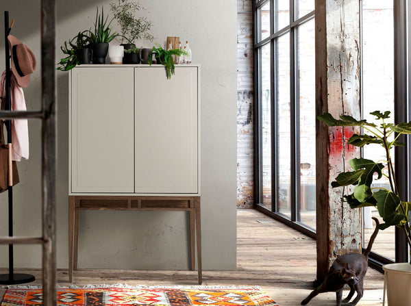 Tall beige and walnut sideboard