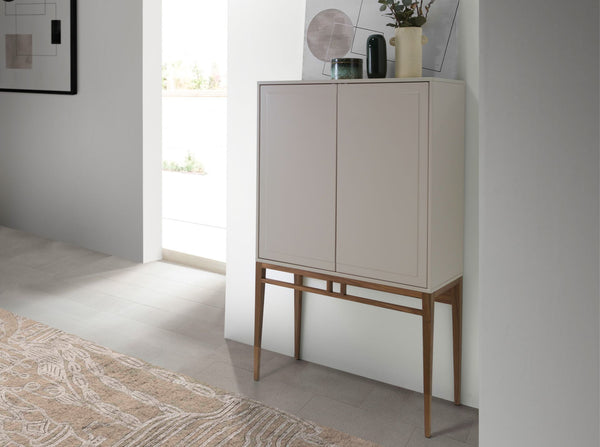 Tall beige and walnut sideboard