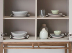 Tall beige and walnut sideboard