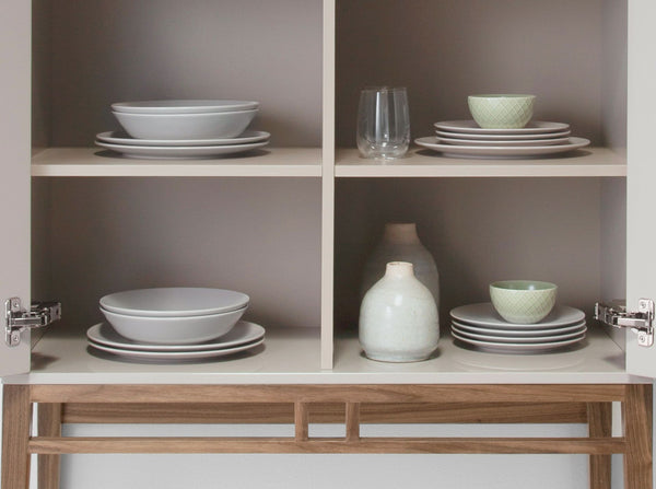 Tall beige and walnut sideboard