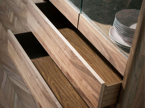 Tall walnut sideboard with imitation marble glass top and interior lighting