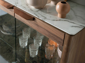 Tall walnut sideboard with imitation marble glass top and interior lighting