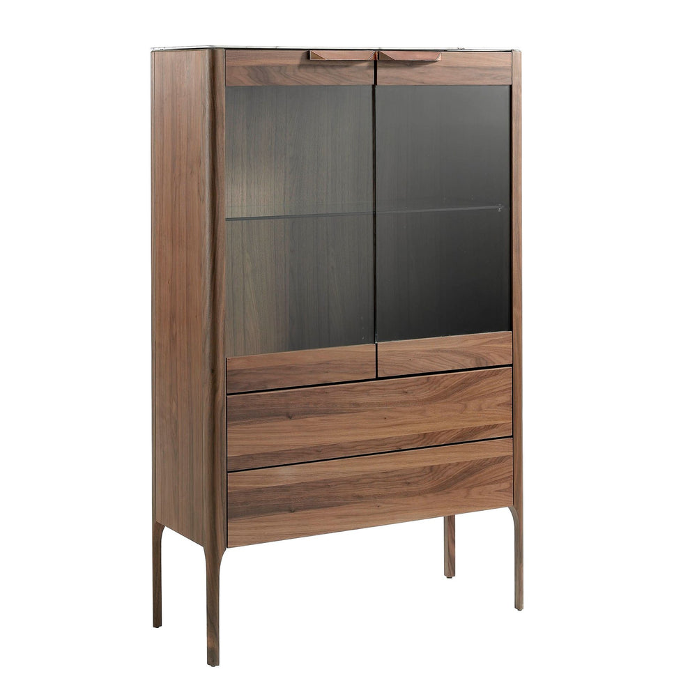 Tall walnut sideboard with imitation marble glass top and interior lighting