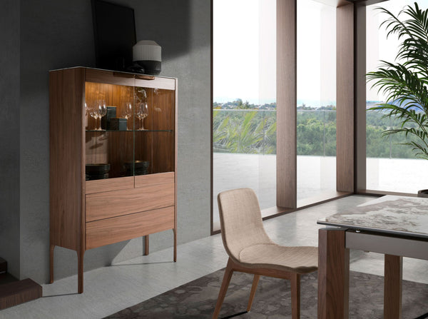 Tall walnut sideboard with imitation marble glass top and interior lighting