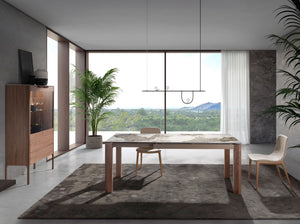 Tall walnut sideboard with imitation marble glass top and interior lighting