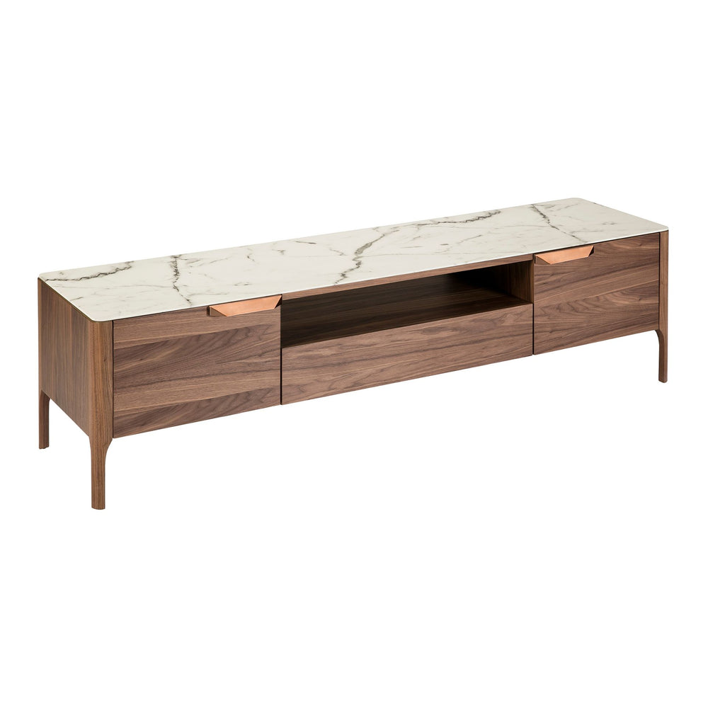 Walnut TV table with glass top imitating marble