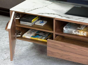 Walnut TV table with glass top imitating marble