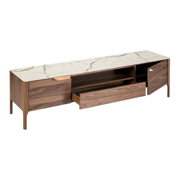 Walnut TV table with glass top imitating marble