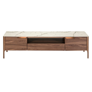 Walnut TV table with glass top imitating marble