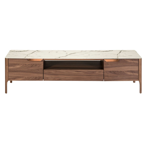 Walnut TV table with glass top imitating marble