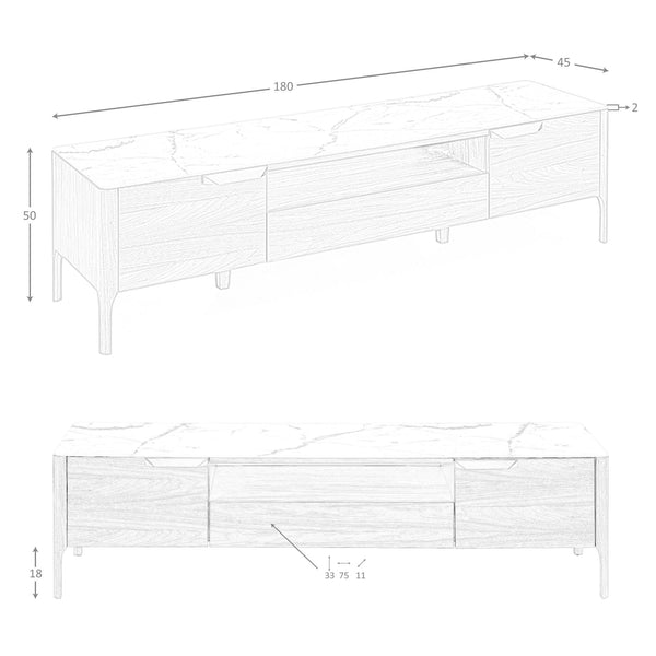 Walnut TV table with glass top imitating marble