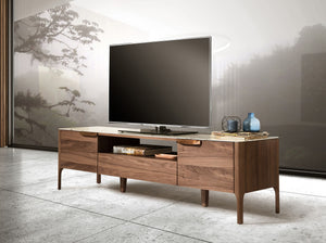 Walnut TV table with glass top imitating marble