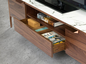 Walnut TV table with glass top imitating marble