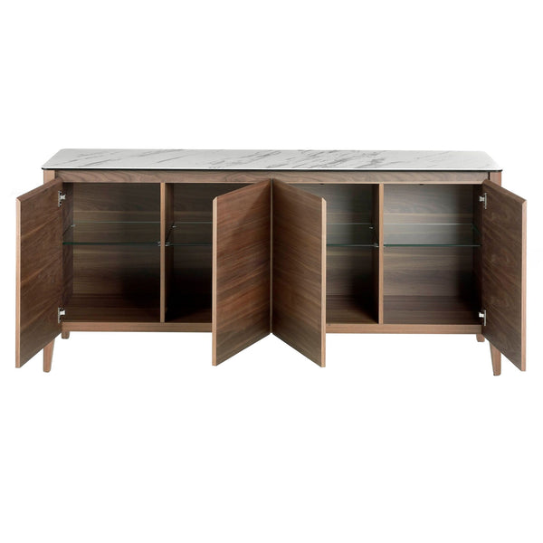 Walnut sideboard with glass top imitating marble