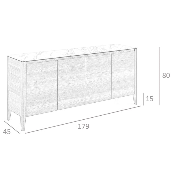 Walnut sideboard with glass top imitating marble
