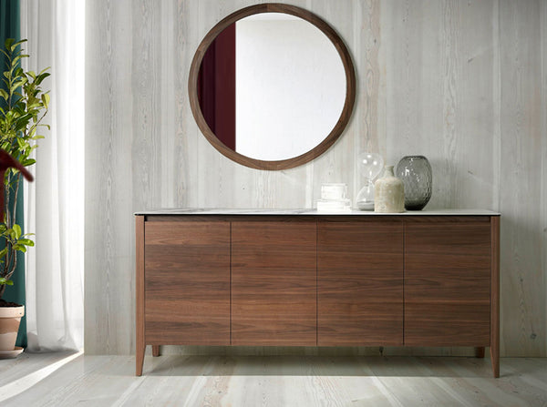 Walnut sideboard with glass top imitating marble