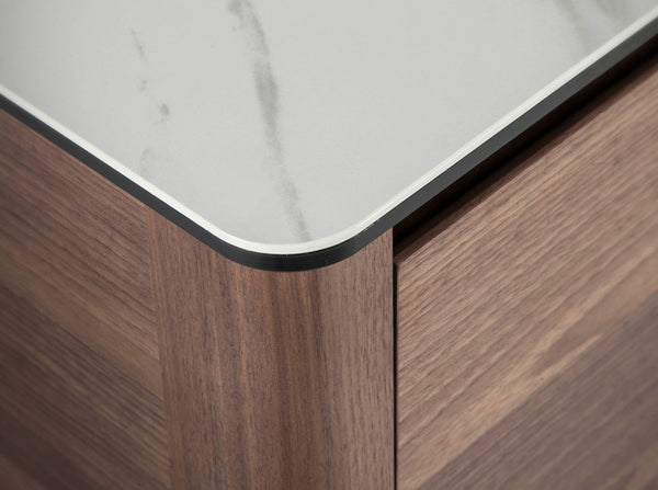 Walnut sideboard with glass top imitating marble