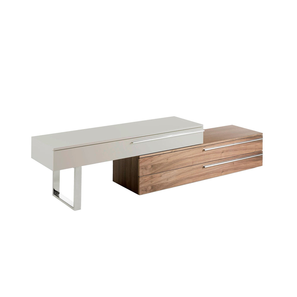 TV stand in beige wood, walnut and chromed steel