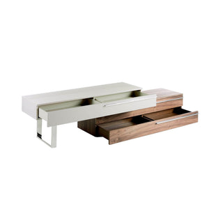 TV stand in beige wood, walnut and chromed steel