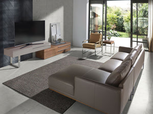 TV stand in beige wood, walnut and chromed steel