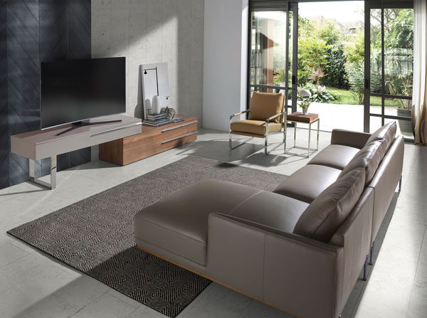 TV stand in beige wood, walnut and chromed steel
