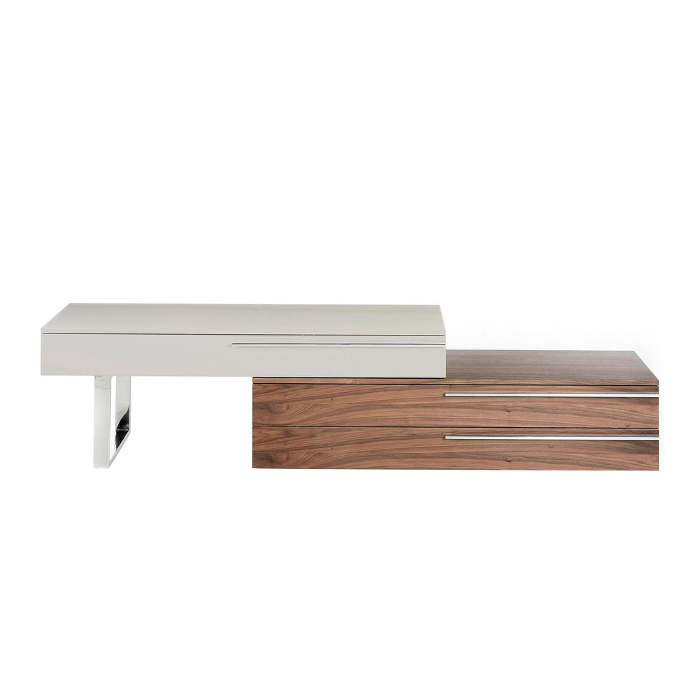 TV stand in beige wood, walnut and chromed steel