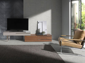 TV stand in beige wood, walnut and chromed steel