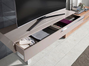 TV stand in beige wood, walnut and chromed steel